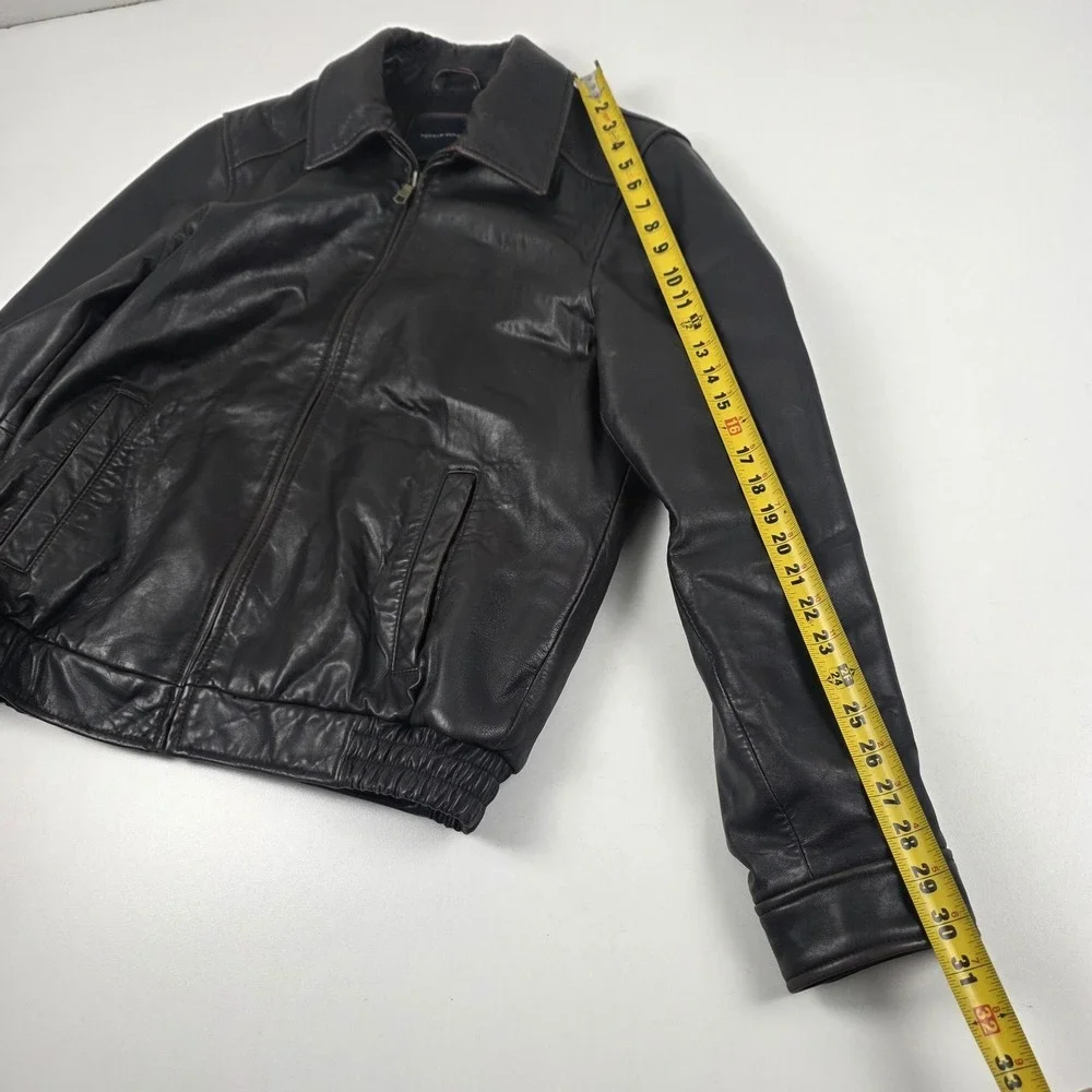 Tommy Hilfiger Jacket Mens Medium Brown Leather Bomber Plaid Lined Full Zip